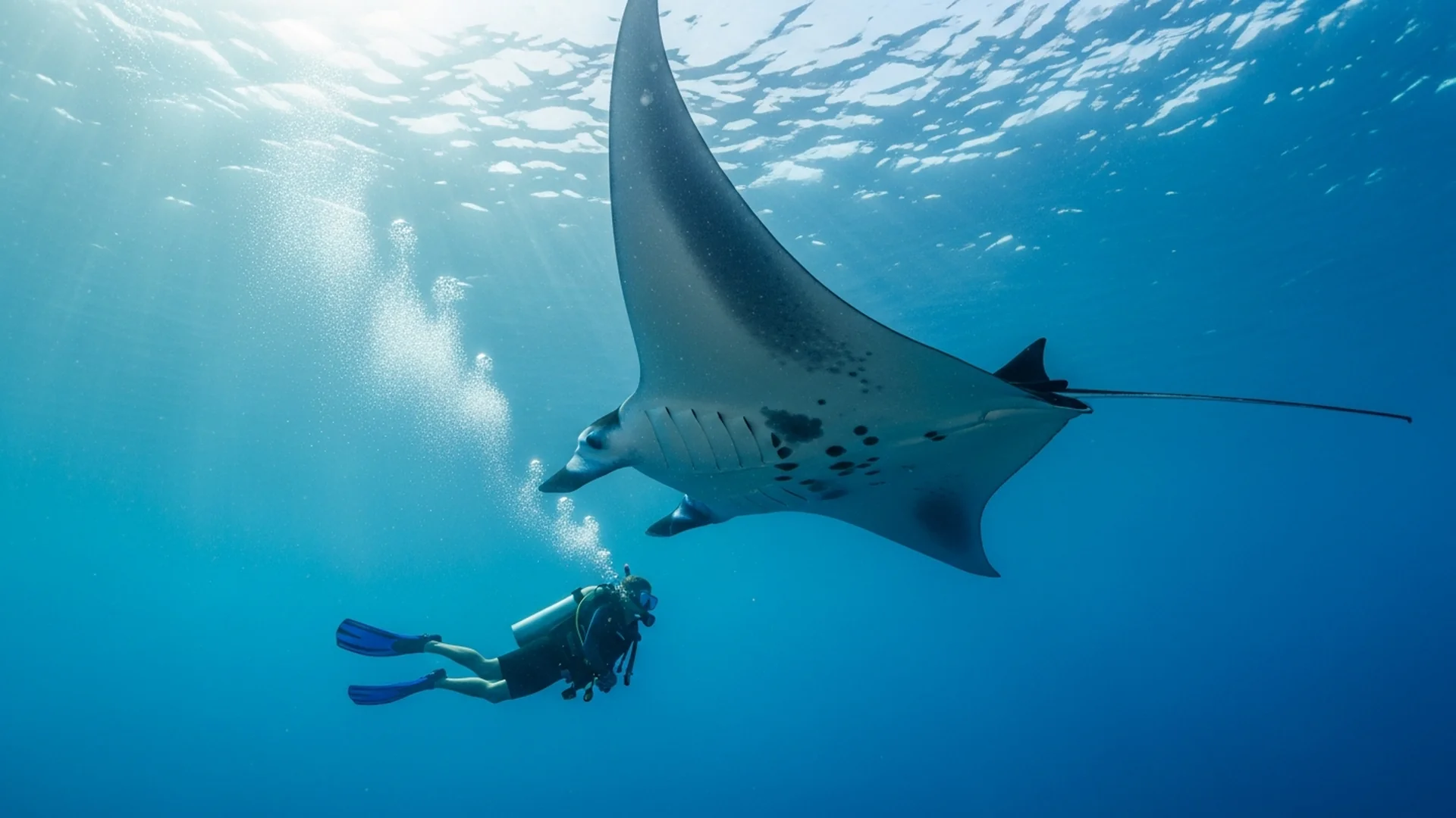 Scuba diver with manta ray in Komodo crystal clear water