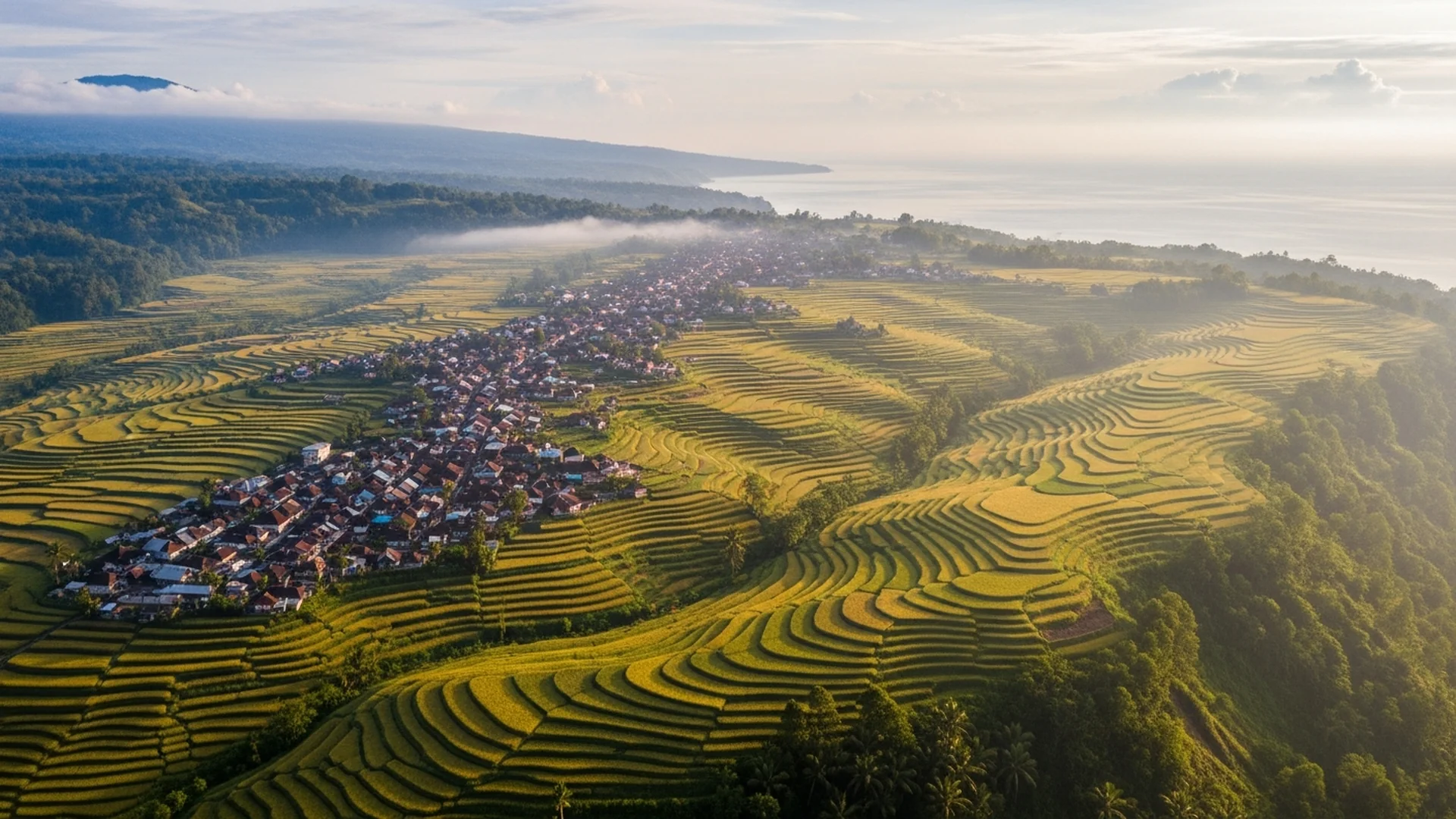 Flores island terraced rice paddies aerial view