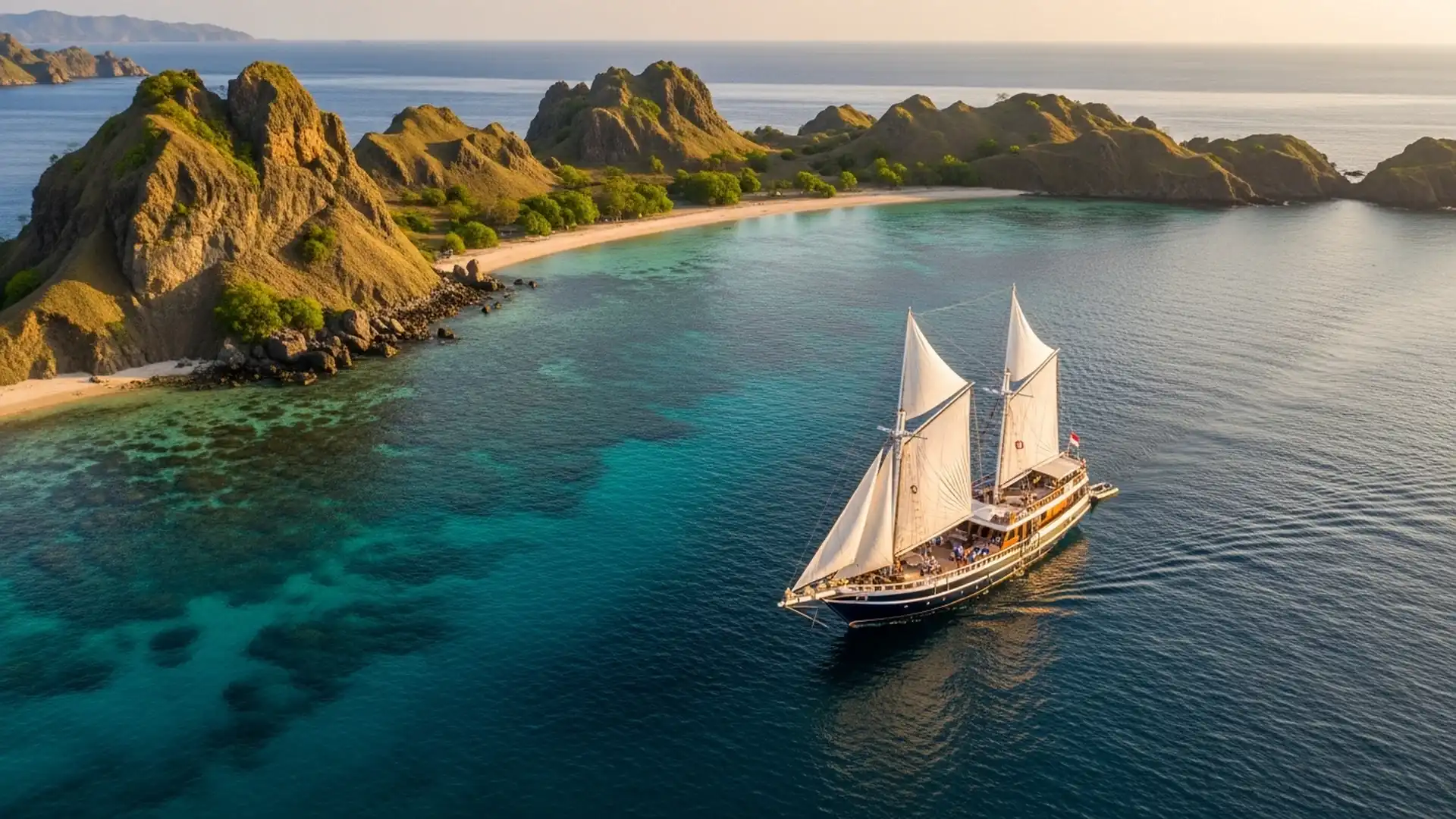 Luxury phinisi yacht sailing through Komodo at golden hour