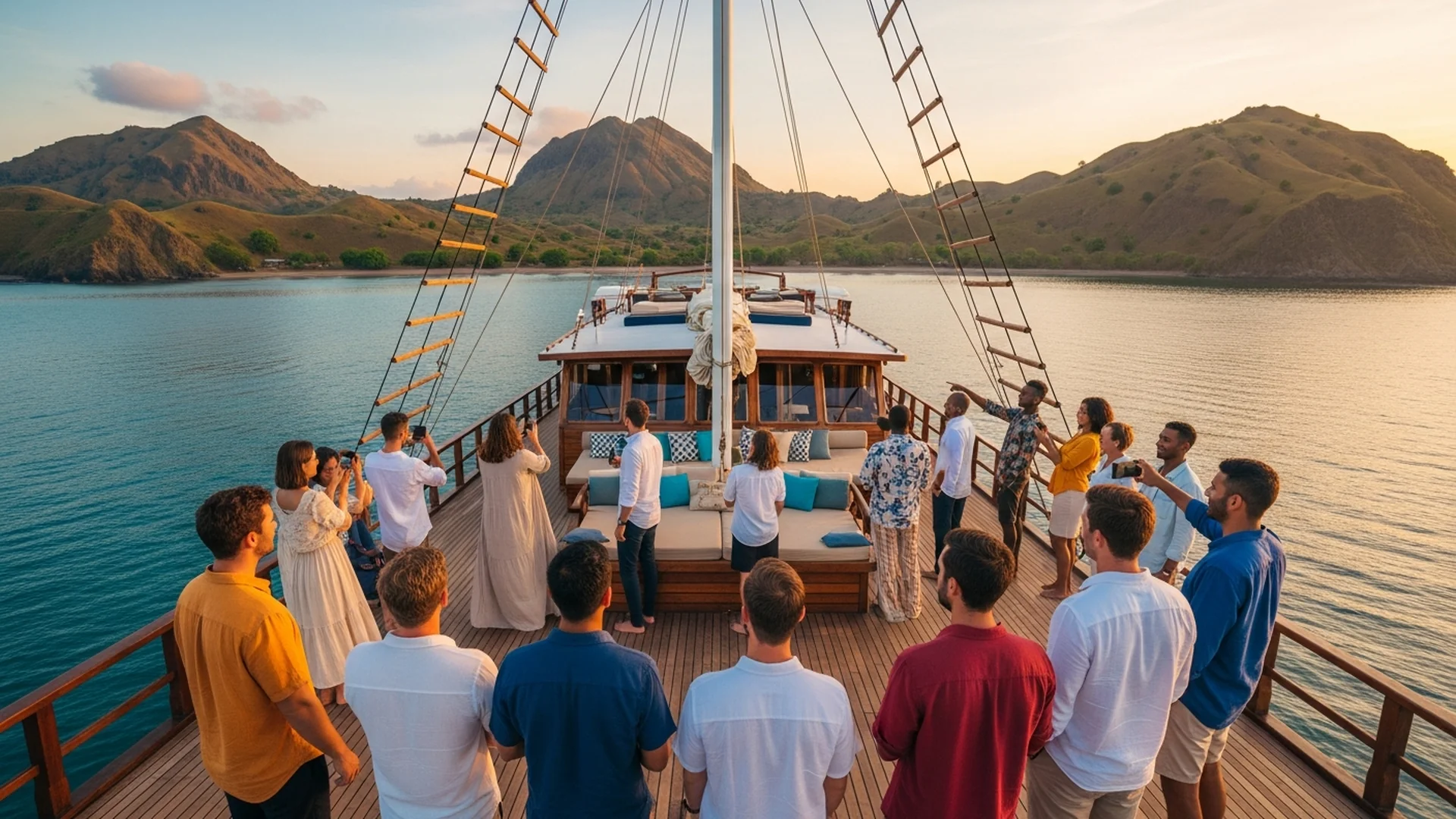 Travelers on phinisi yacht deck enjoying Komodo views