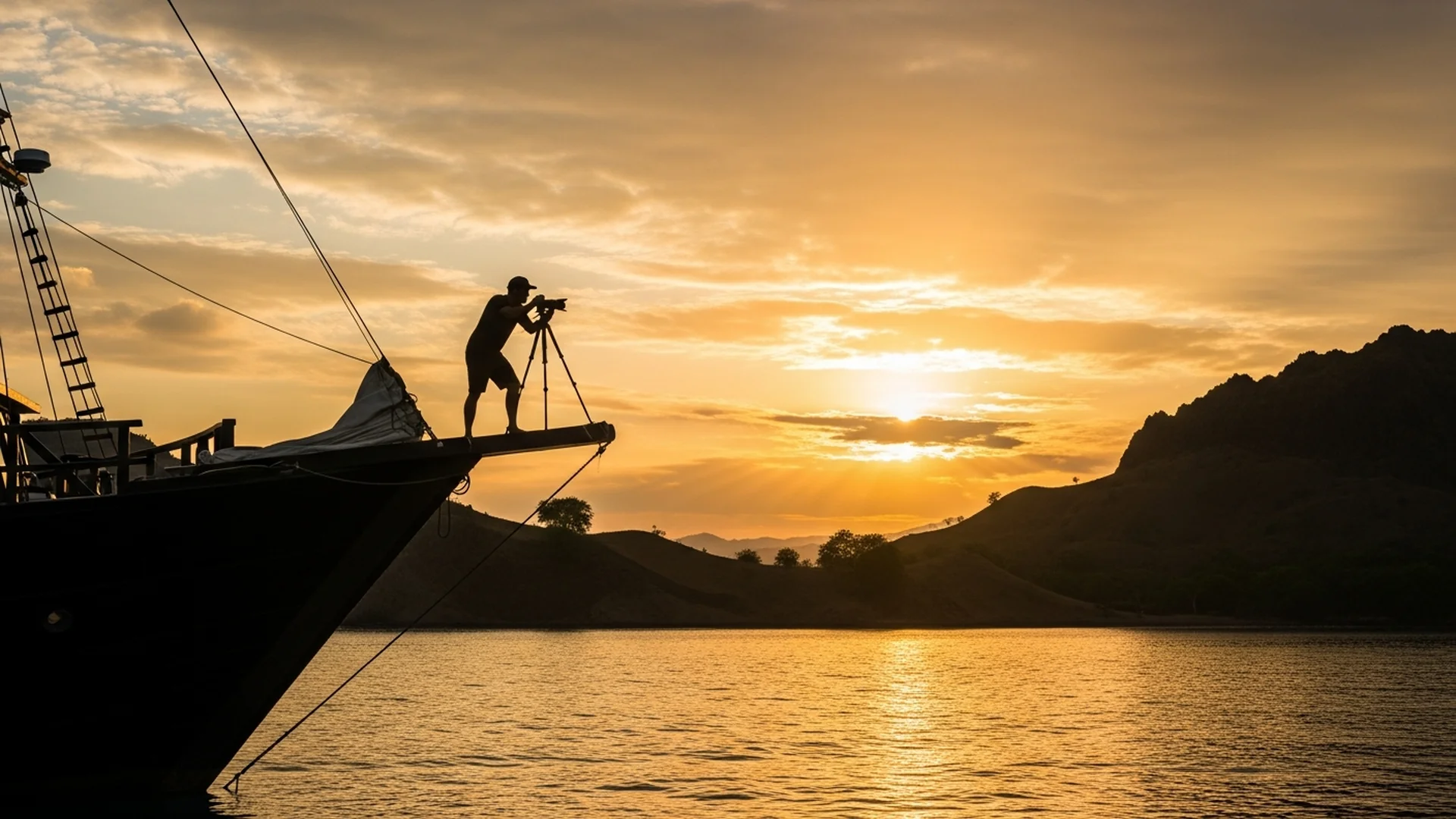 Photographer capturing Komodo sunset from phinisi yacht