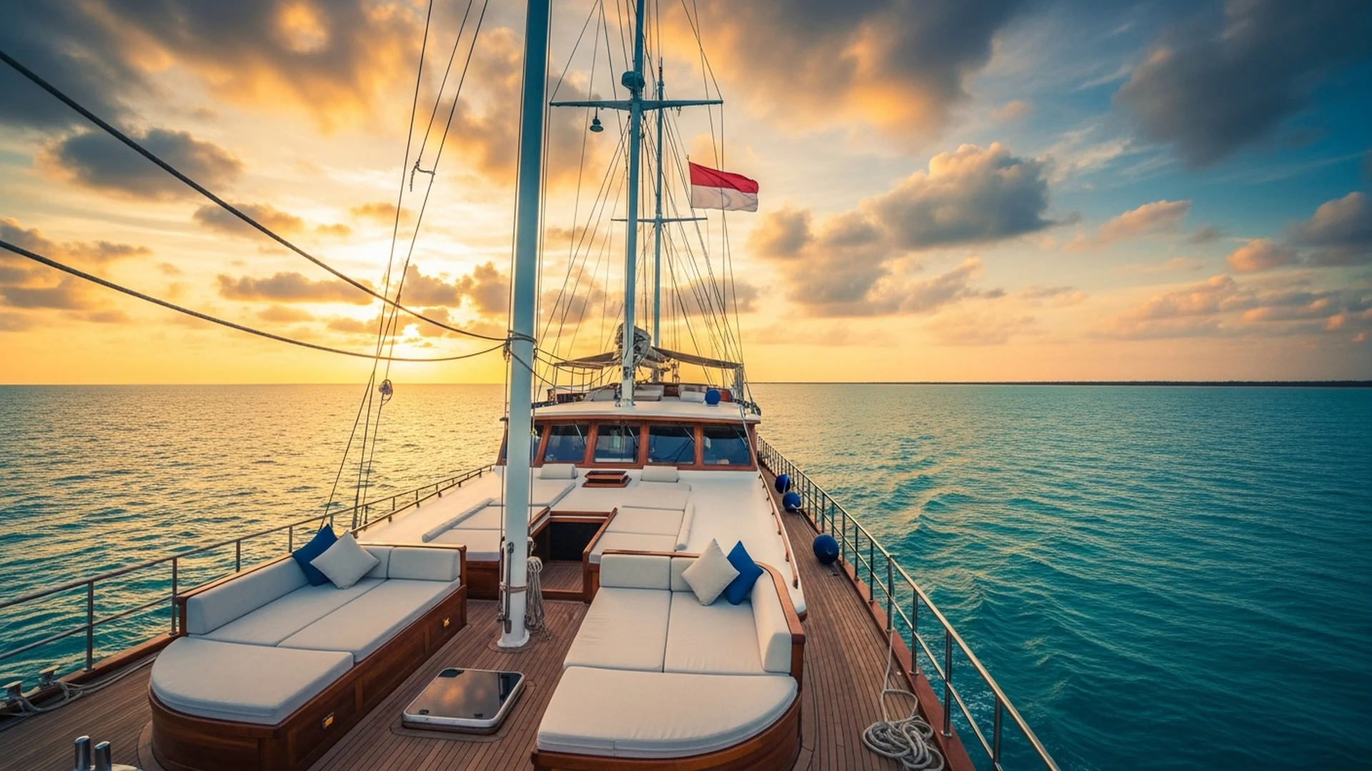 Private luxury phinisi charter yacht sailing at sunset