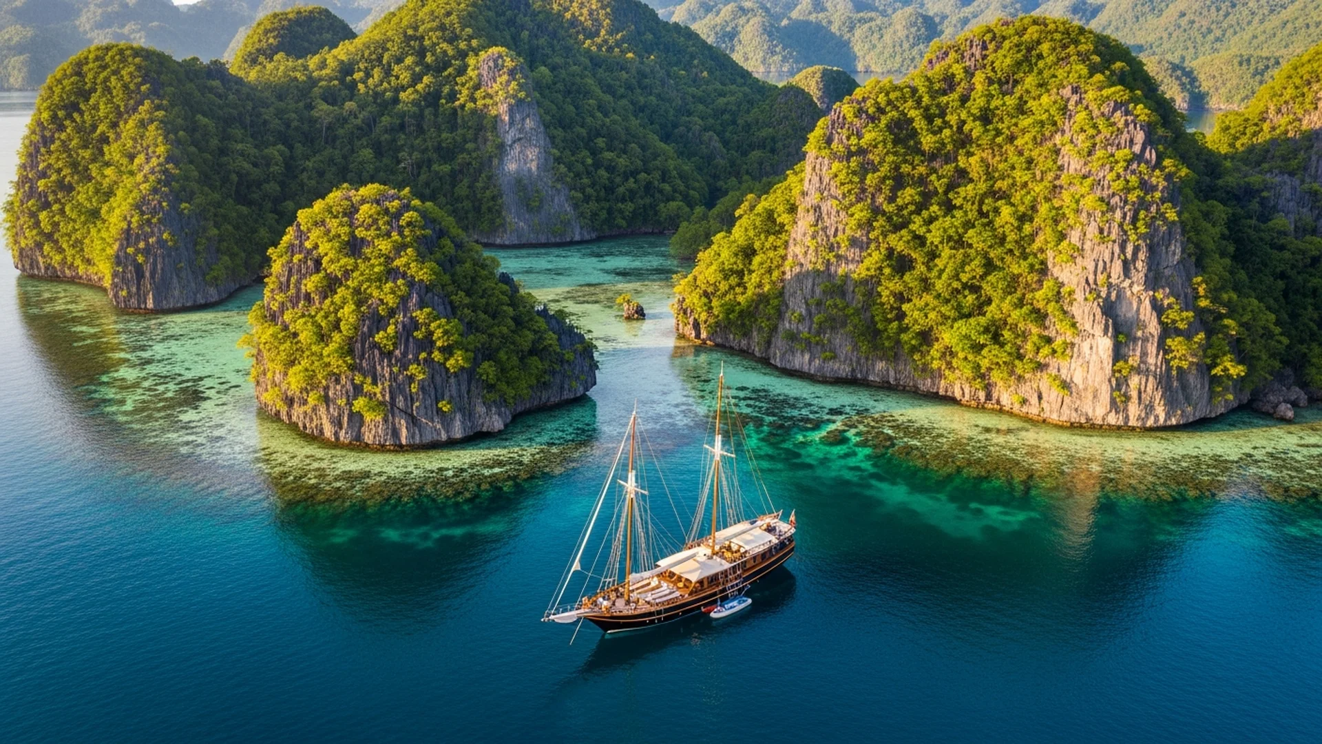 Aerial view Raja Ampat karst islands with phinisi yacht