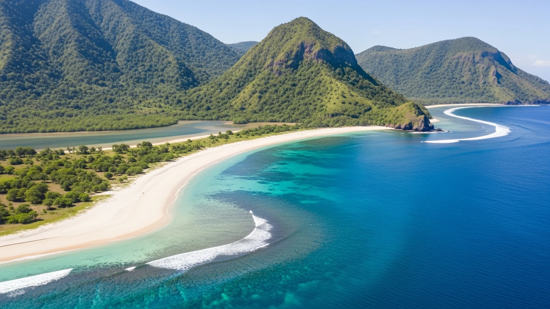 Sumbawa pristine beach aerial view turquoise lagoon