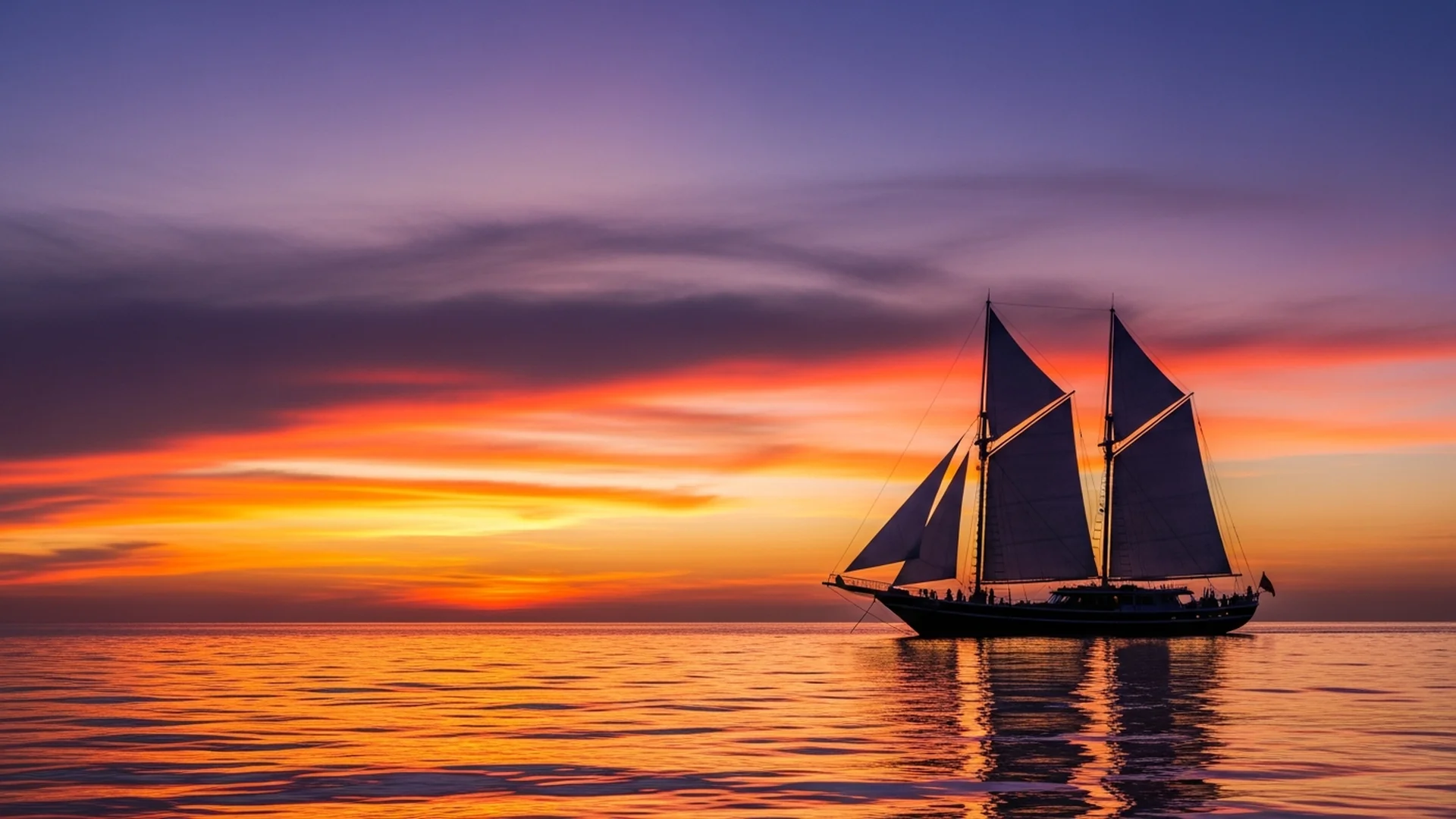 Phinisi yacht sailing against dramatic sunset sky